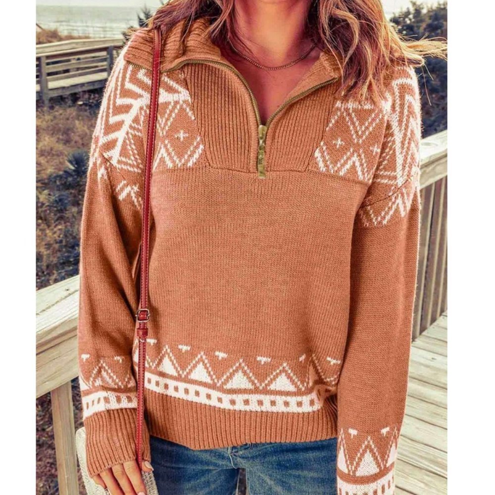 Geo Pattern Half Zip Sweater Top - Picture 2 of 7